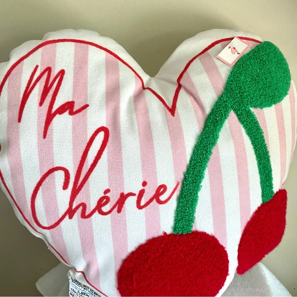 Ma Chérie Heart-Shaped Pillow with Red embroidered cherries New with tag